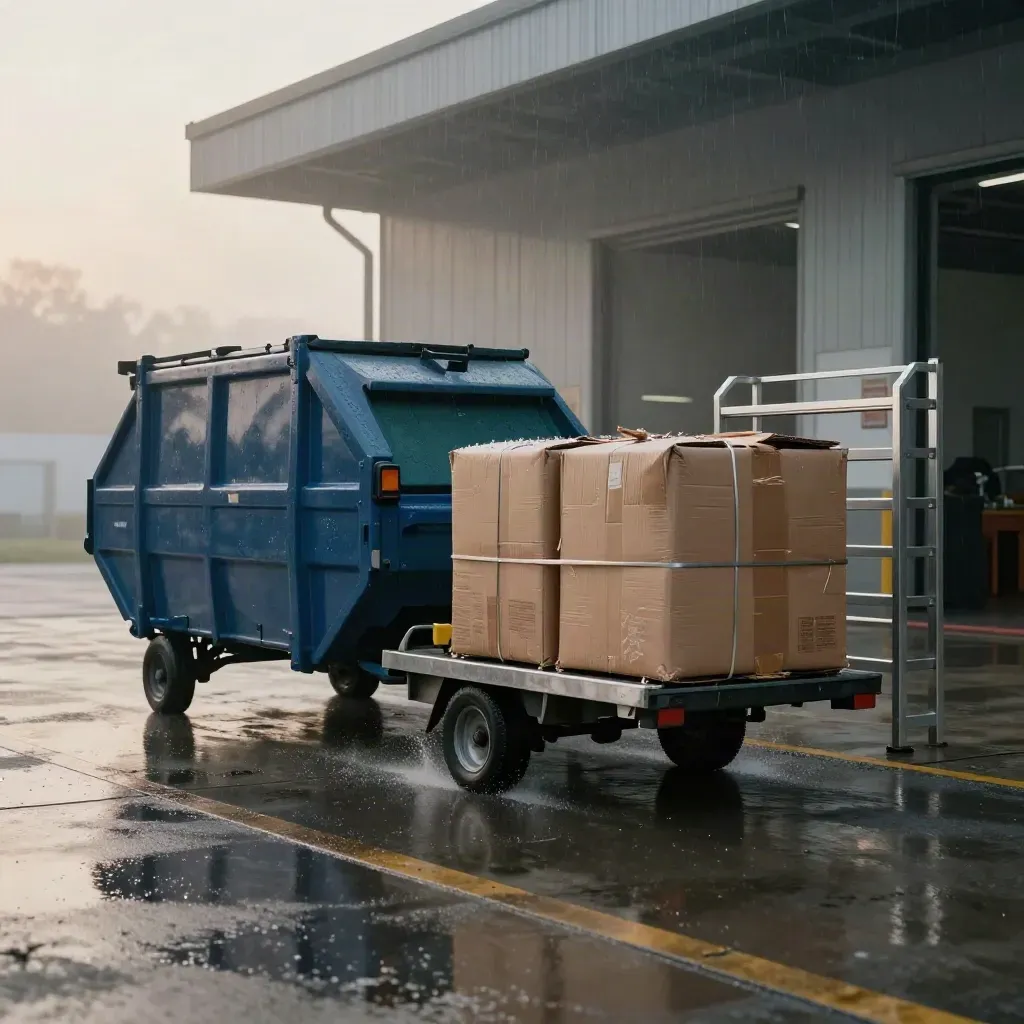 Rain-wet loading dock with recycling carts, compost tote, cardboard bales and sorting rack.