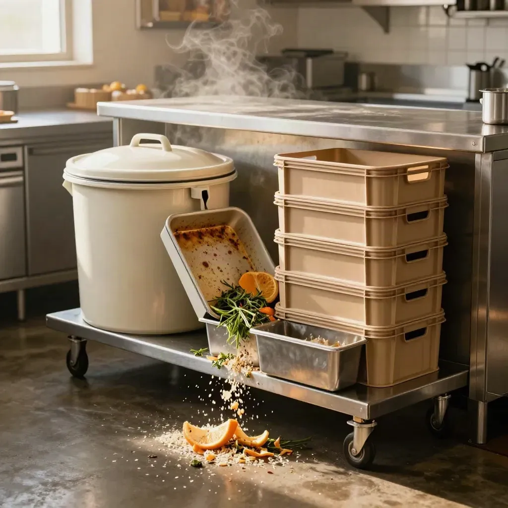 Compost caddy, sheet pans, prep crates and waste cart in a restaurant sorting corner