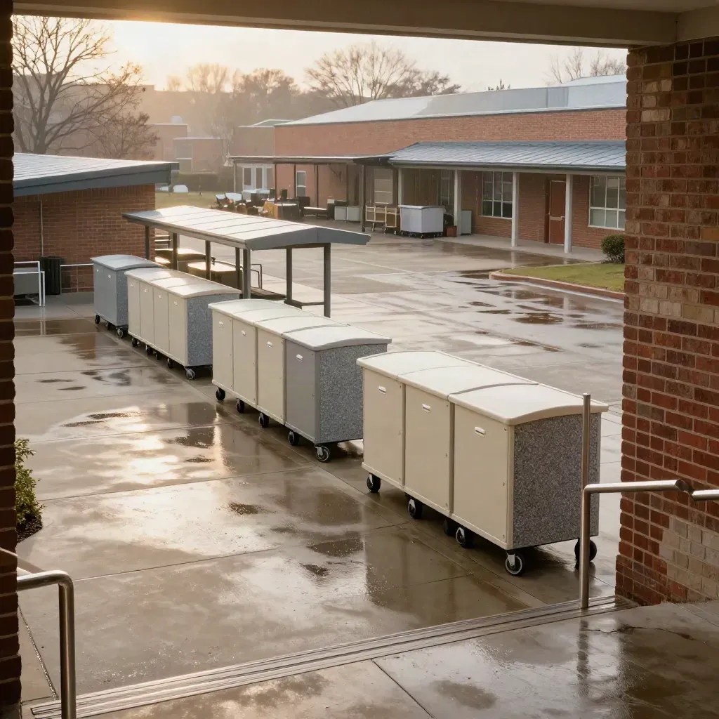 Campus recycling bin clusters and cart bay under a covered walkway in blue-hour sleet.