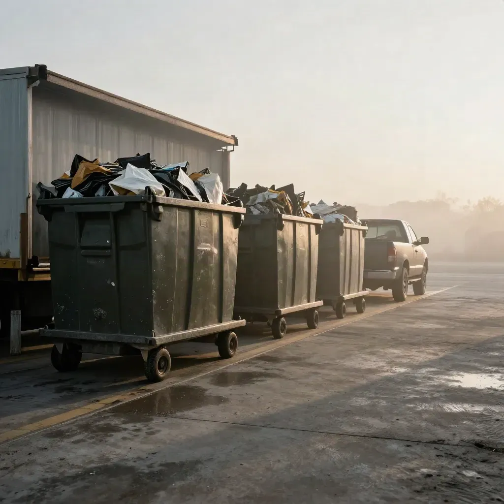 Foggy commercial bay with roll-carts, compactor bins, and a pickup tailgate at dawn.