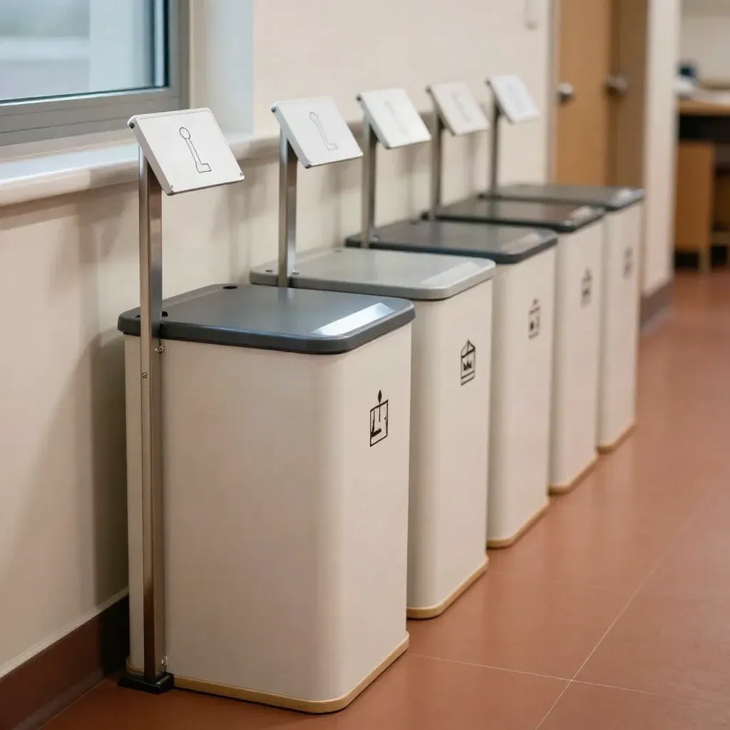 Office waste station with aligned bin markers in soft window light