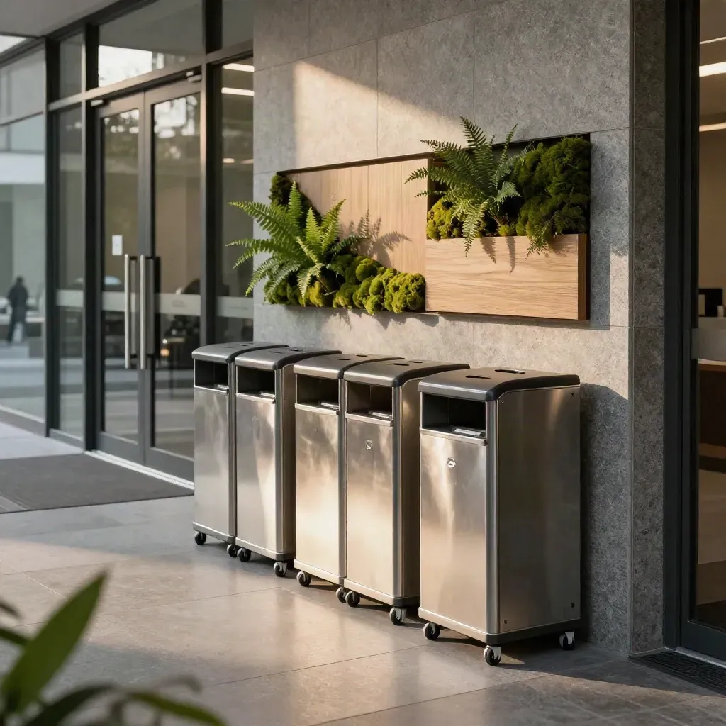 Polished office lobby recycling nook with slate-gray totems, carts, and planter wall.