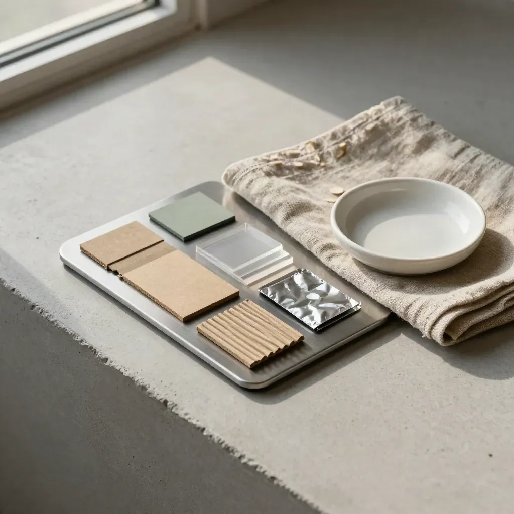 Top-down audit kit flatlay with sample scale, material chips, linen, and ceramic dish on concrete.