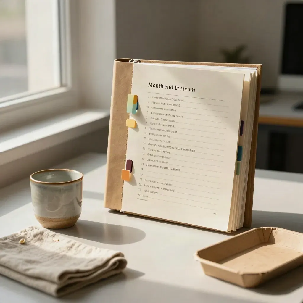 Open diversion binder, tab dividers, ceramic cup and linen cloth on pale ash wood.
