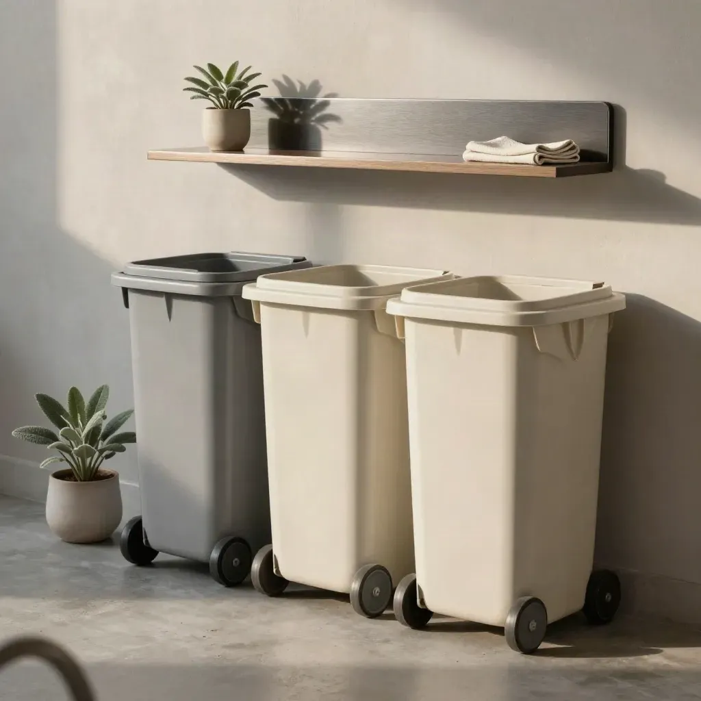 Three nested rolling waste bins under a wall lid holder beside a small plant in a tidy bin room.